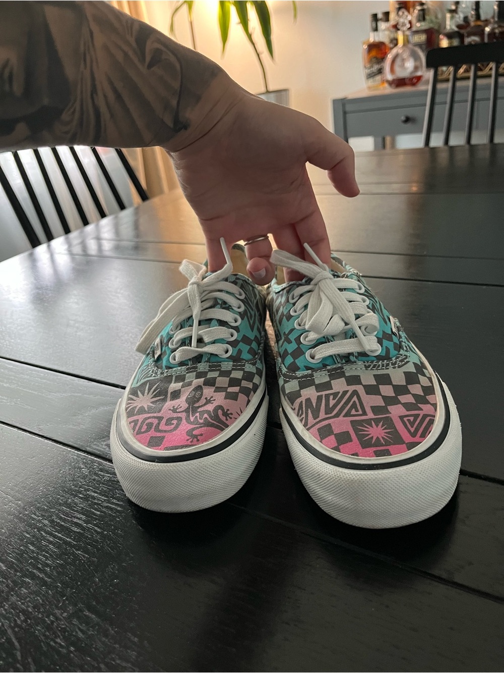 Vans Teal Pink Black Checkered Graphic Lace-Up Sneakers